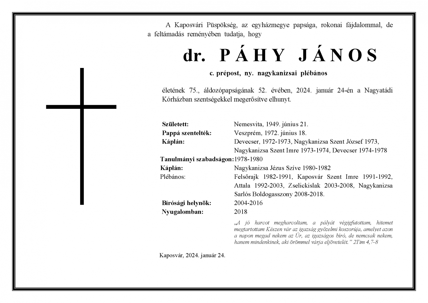 Elhunyt dr. Páhy János c. prépost, ny. nagykanizsai plébános